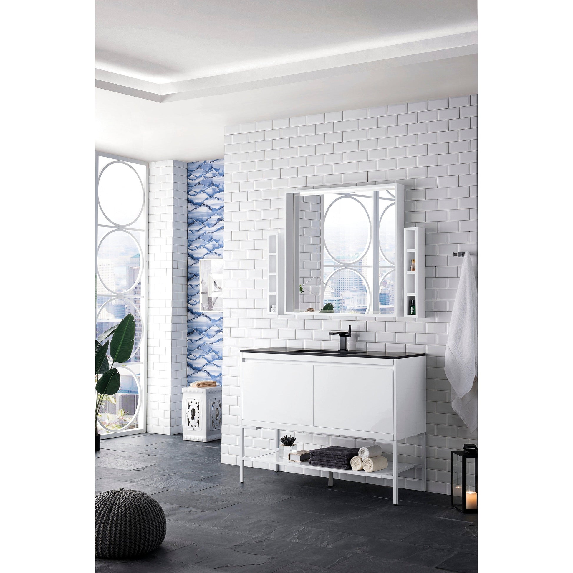 James Martin Vanities Milan 47.3" Glossy White, Glossy White Single Vanity Cabinet With Charcoal Black Composite Top