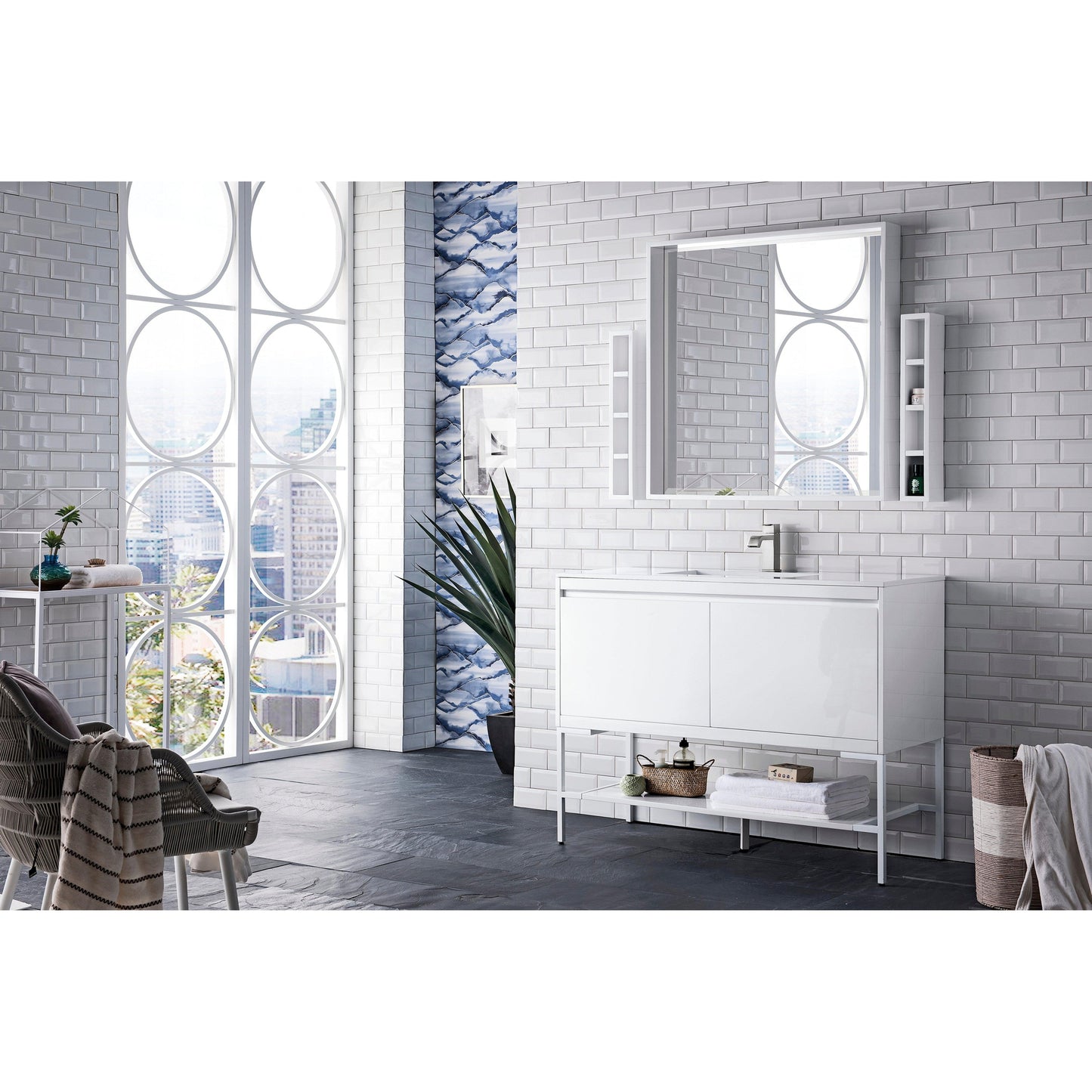 James Martin Vanities Milan 47.3" Glossy White, Glossy White Single Vanity Cabinet With Glossy White Composite Top