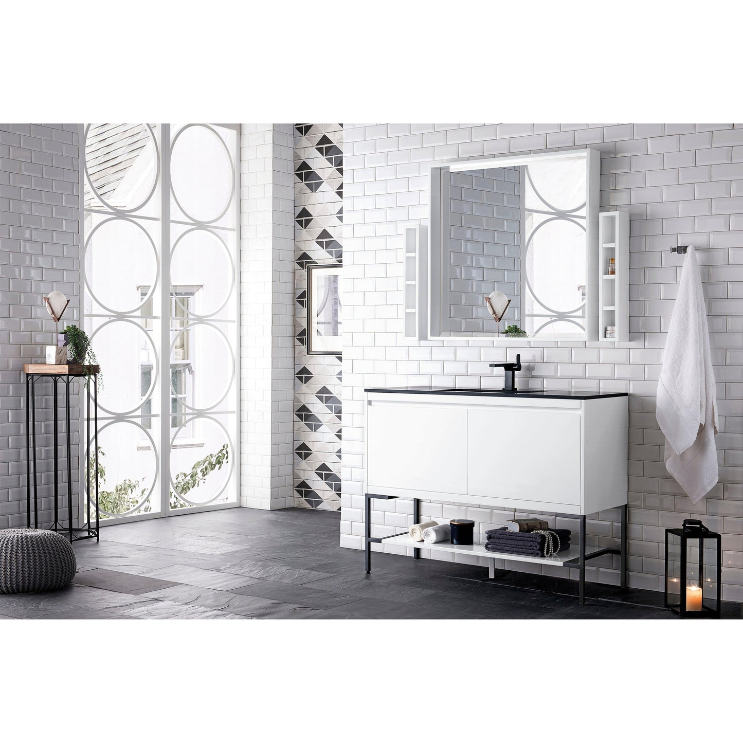 James Martin Vanities Milan 47.3" Glossy White, Matte Black Single Vanity Cabinet With Charcoal Black Composite Top