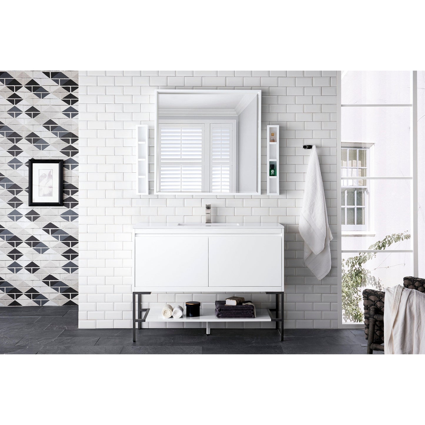 James Martin Vanities Milan 47.3" Glossy White, Matte Black Single Vanity Cabinet With Glossy White Composite Top