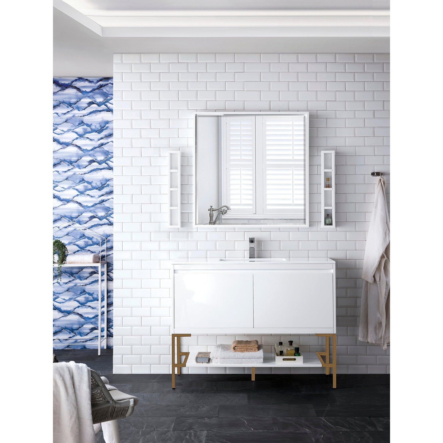 James Martin Vanities Milan 47.3" Glossy White, Radiant Gold Single Vanity Cabinet With Glossy White Composite Top