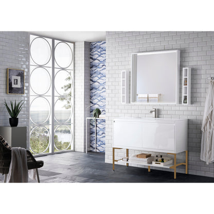 James Martin Vanities Milan 47.3" Glossy White, Radiant Gold Single Vanity Cabinet With Glossy White Composite Top