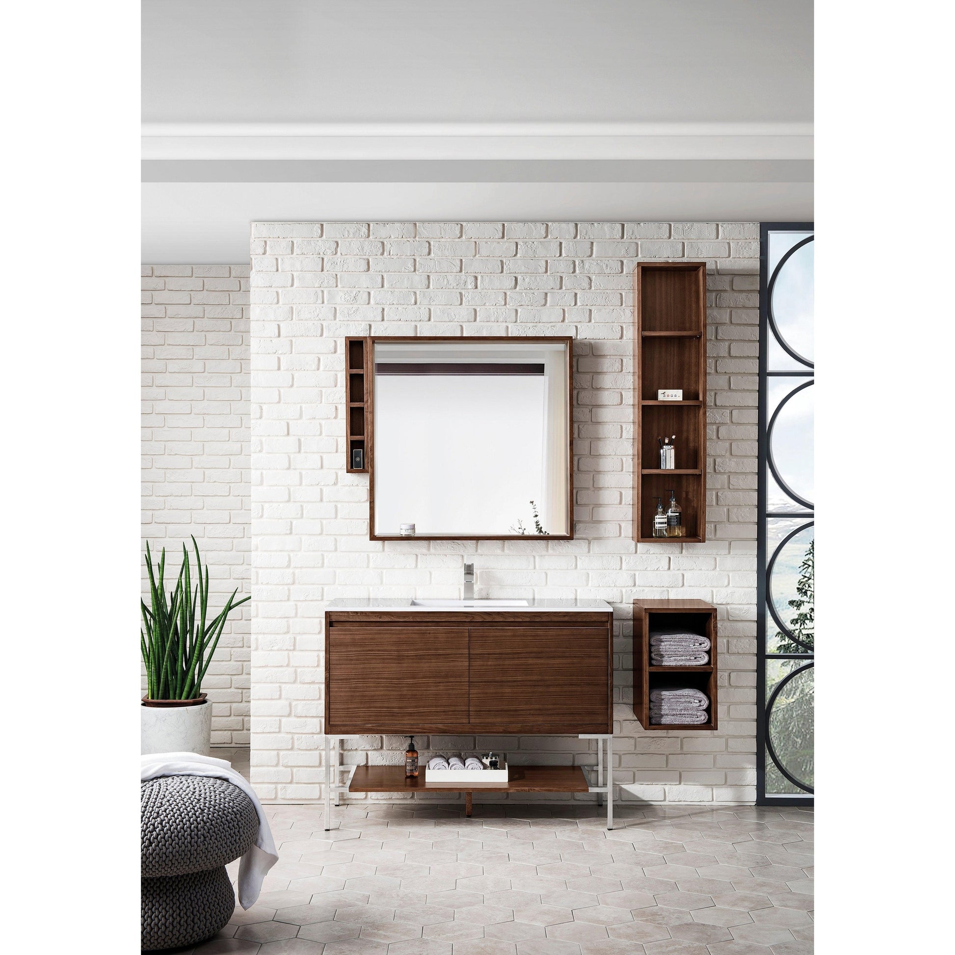 James Martin Vanities Milan 47.3" Mid Century Walnut, Brushed Nickel Single Vanity Cabinet With Glossy White Composite Top