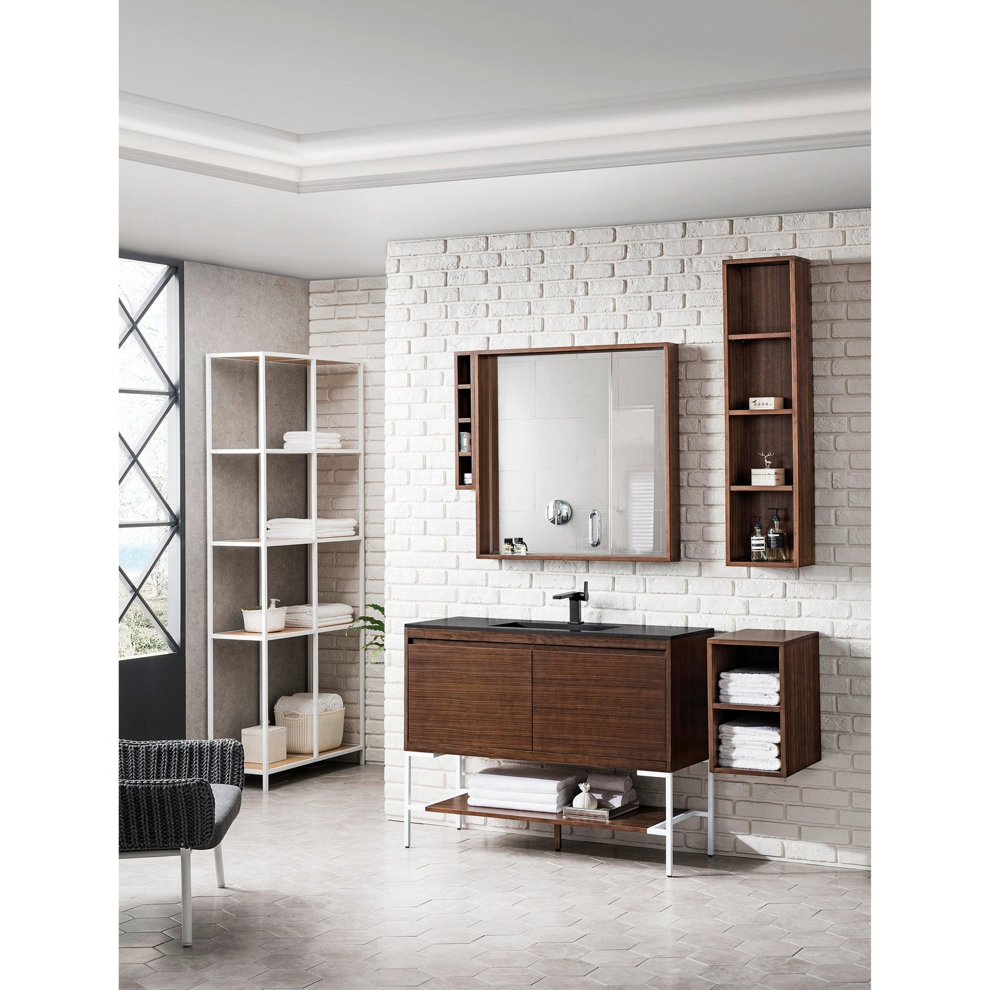 James Martin Vanities Milan 47.3" Mid Century Walnut, Glossy White Single Vanity Cabinet With Charcoal Black Composite Top