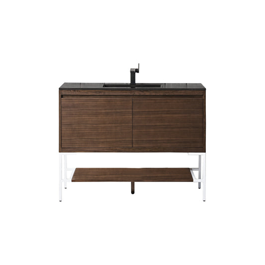 James Martin Vanities Milan 47.3" Mid Century Walnut, Glossy White Single Vanity Cabinet With Charcoal Black Composite Top