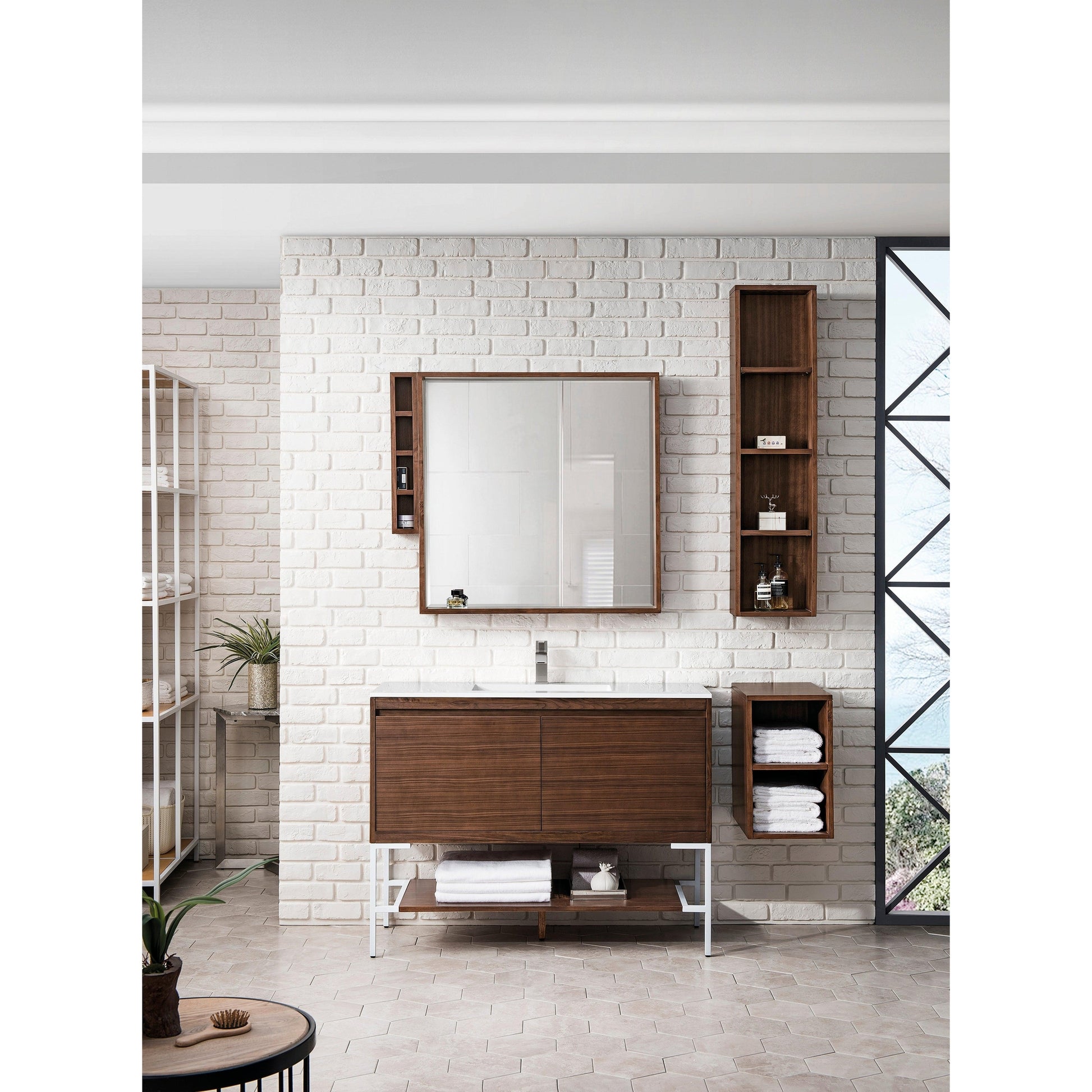 James Martin Vanities Milan 47.3" Mid Century Walnut, Glossy White Single Vanity Cabinet With Glossy White Composite Top