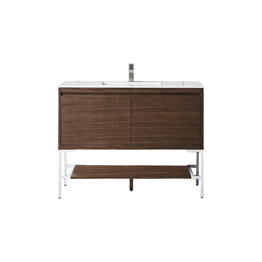 James Martin Vanities Milan 47.3" Mid Century Walnut, Glossy White Single Vanity Cabinet With Glossy White Composite Top