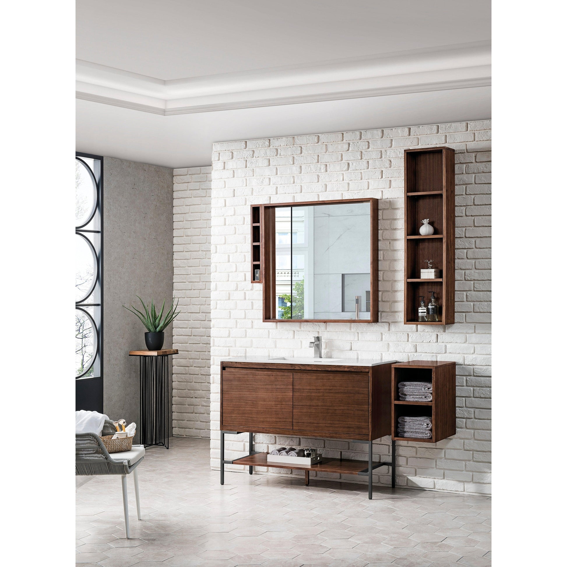 James Martin Vanities Milan 47.3" Mid Century Walnut, Matte Black Single Vanity Cabinet With Glossy White Composite Top