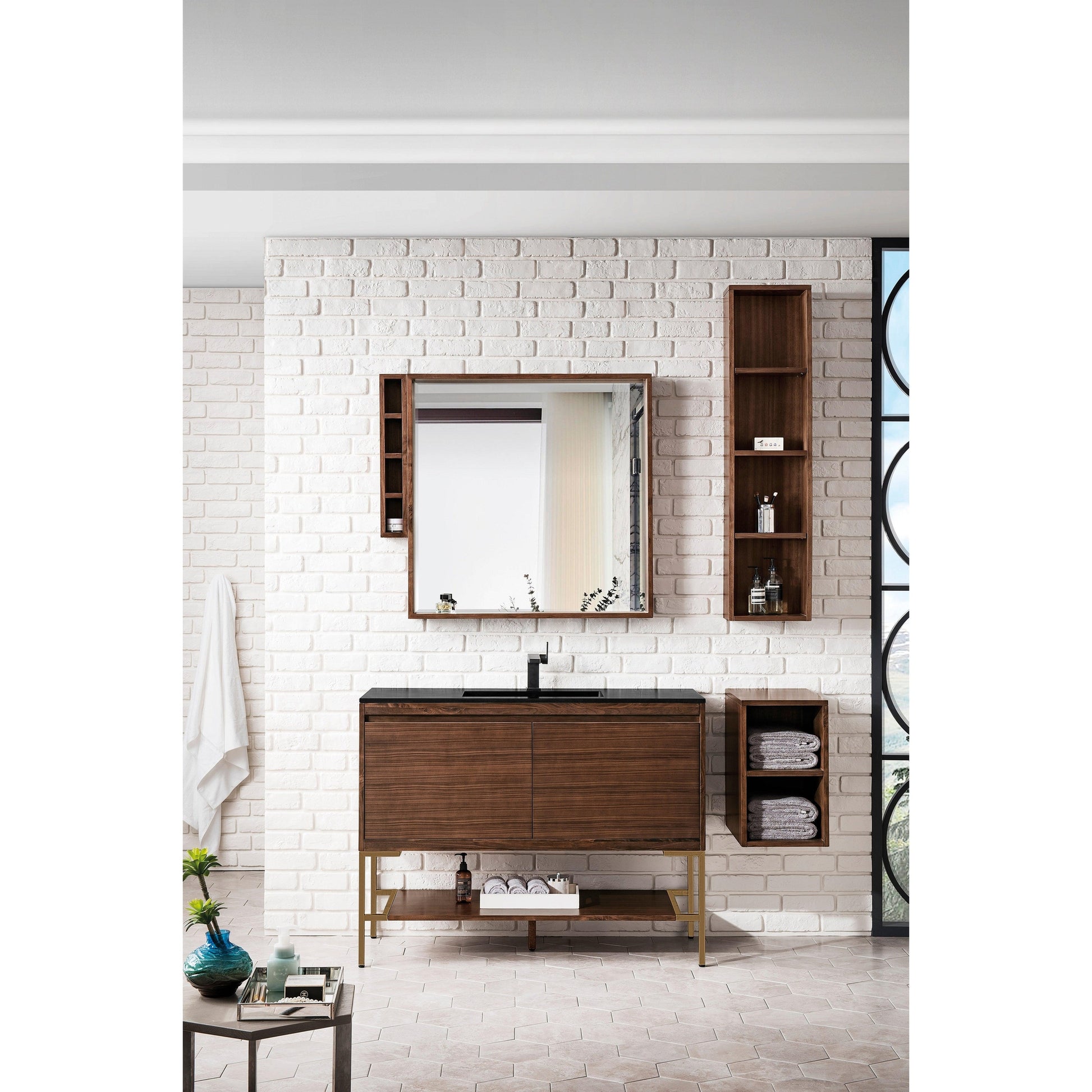 James Martin Vanities Milan 47.3" Mid Century Walnut, Radiant Gold Single Vanity Cabinet With Charcoal Black Composite Top