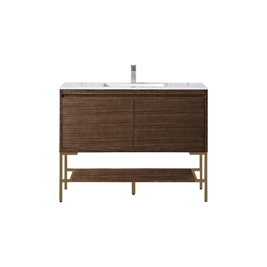 James Martin Vanities Milan 47.3" Mid Century Walnut, Radiant Gold Single Vanity Cabinet With Glossy White Composite Top