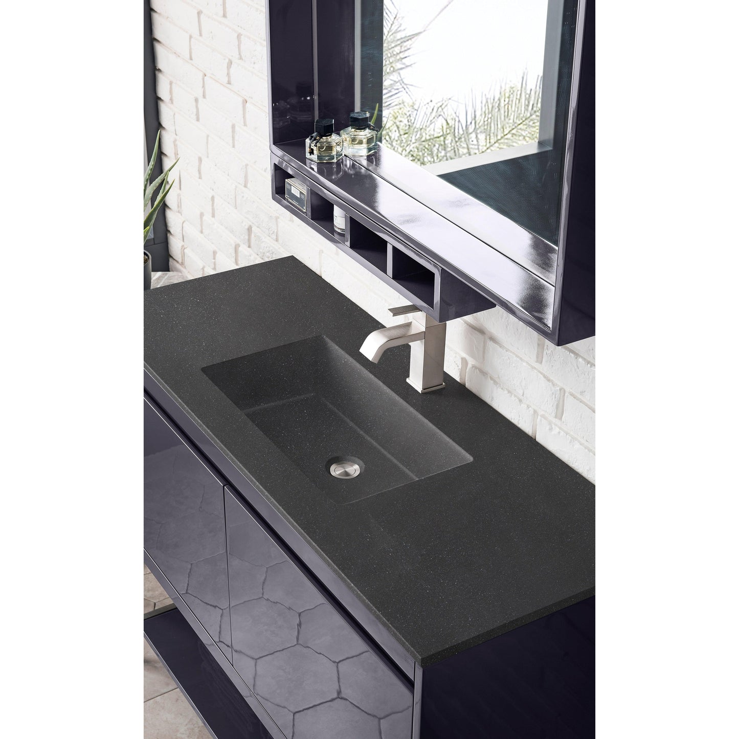 James Martin Vanities Milan 47.3" Modern Grey Glossy, Brushed Nickel Single Vanity Cabinet With Charcoal Black Composite Top