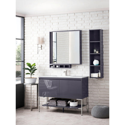 James Martin Vanities Milan 47.3" Modern Grey Glossy, Brushed Nickel Single Vanity Cabinet With Glossy White Composite Top