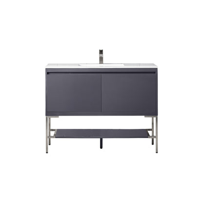 James Martin Vanities Milan 47.3" Modern Grey Glossy, Brushed Nickel Single Vanity Cabinet With Glossy White Composite Top