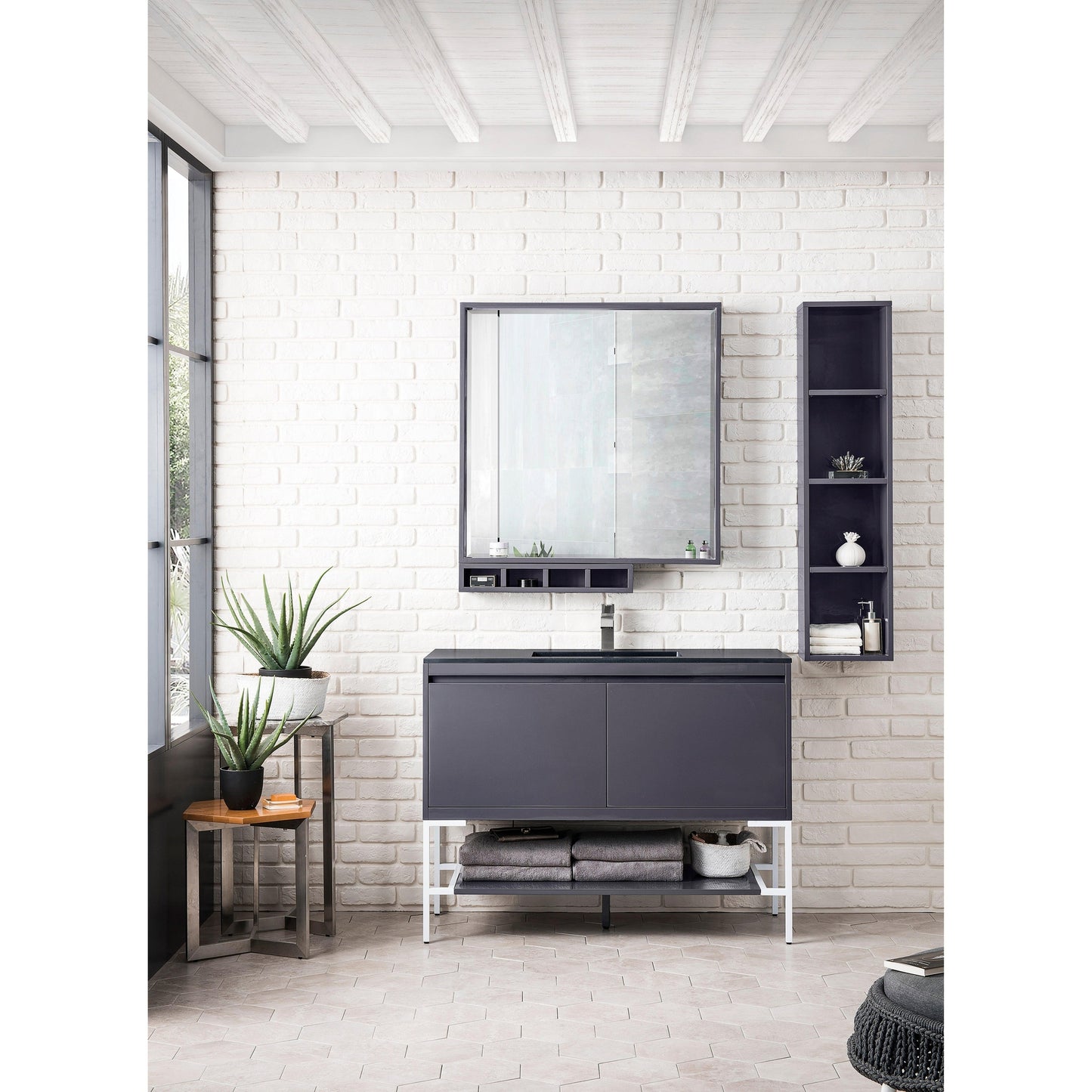 James Martin Vanities Milan 47.3" Modern Grey Glossy, Glossy White Single Vanity Cabinet With Charcoal Black Composite Top