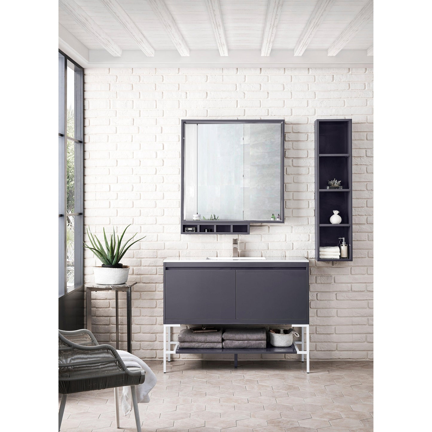 James Martin Vanities Milan 47.3" Modern Grey Glossy, Glossy White Single Vanity Cabinet With Glossy White Composite Top