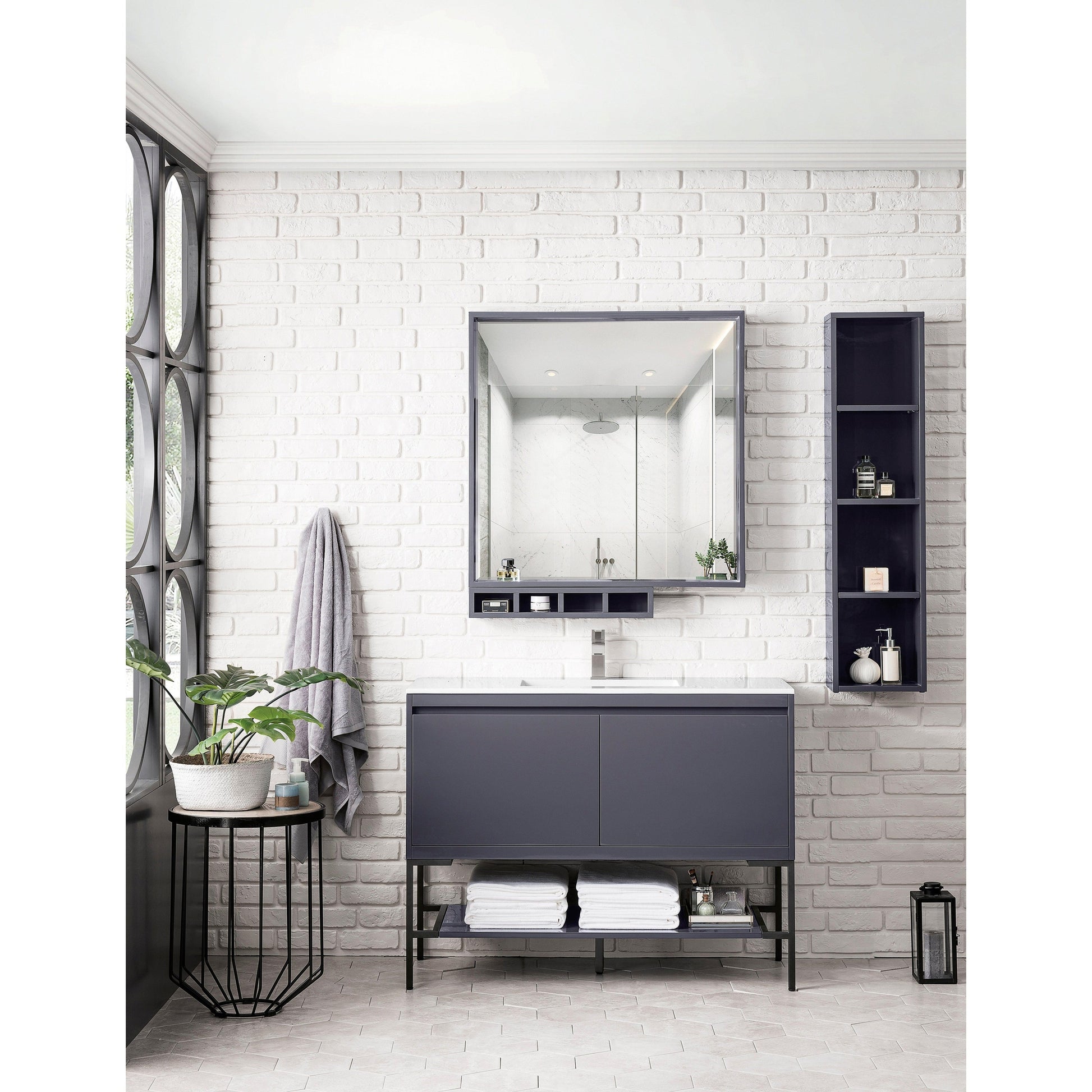 James Martin Vanities Milan 47.3" Modern Grey Glossy, Matte Black Single Vanity Cabinet With Glossy White Composite Top