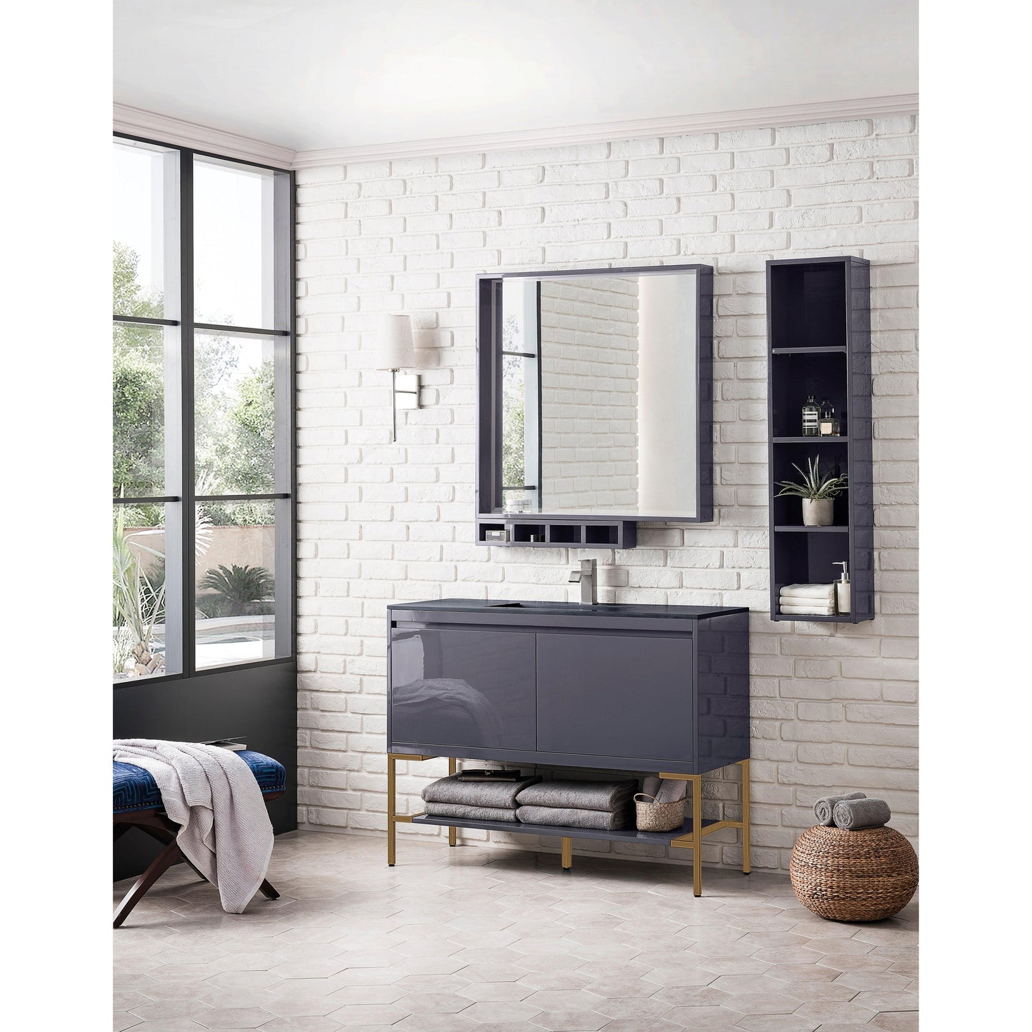 James Martin Vanities Milan 47.3" Modern Grey Glossy, Radiant Gold Single Vanity Cabinet With Charcoal Black Composite Top