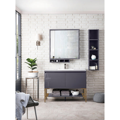 James Martin Vanities Milan 47.3" Modern Grey Glossy, Radiant Gold Single Vanity Cabinet With Glossy White Composite Top