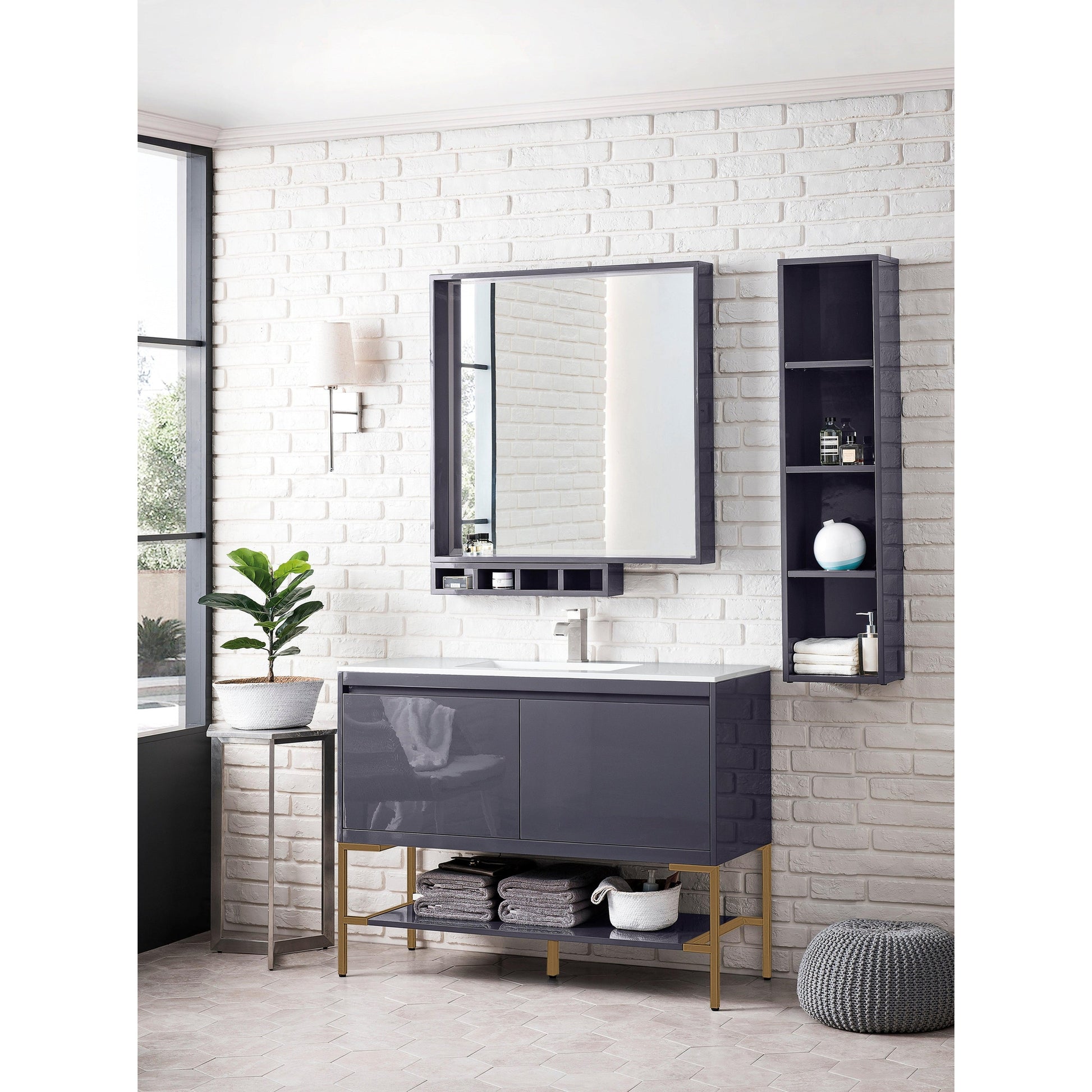 James Martin Vanities Milan 47.3" Modern Grey Glossy, Radiant Gold Single Vanity Cabinet With Glossy White Composite Top