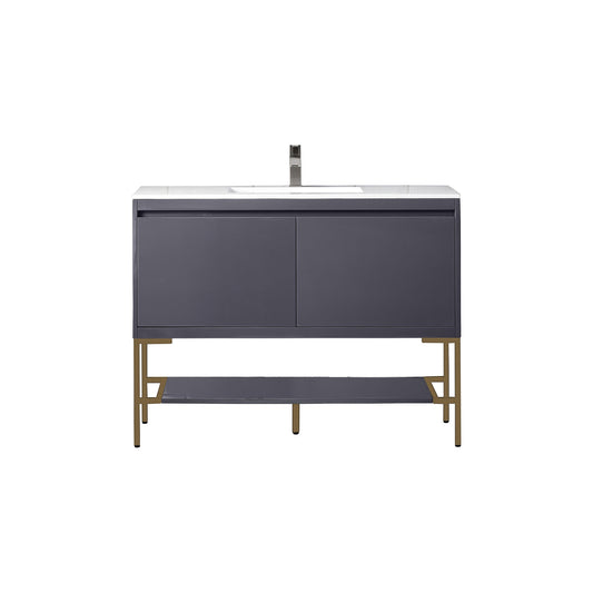 James Martin Vanities Milan 47.3" Modern Grey Glossy, Radiant Gold Single Vanity Cabinet With Glossy White Composite Top