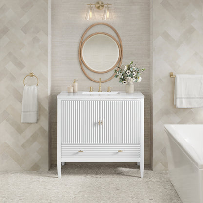 James Martin Vanities Myrrin 36" Bright White Vanity With 3 cm Arctic Fall Solid Surface Top