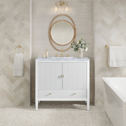 James Martin Vanities Myrrin 36" Bright White Vanity With 3 cm Carrara White Marble Top