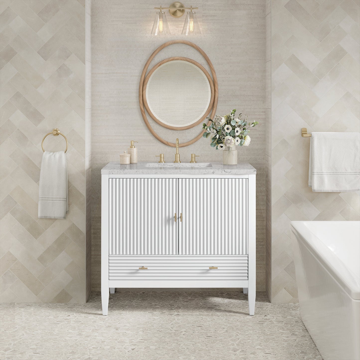 James Martin Vanities Myrrin 36" Bright White Vanity With 3 cm Eternal Jasmine Pearl Quartz Top