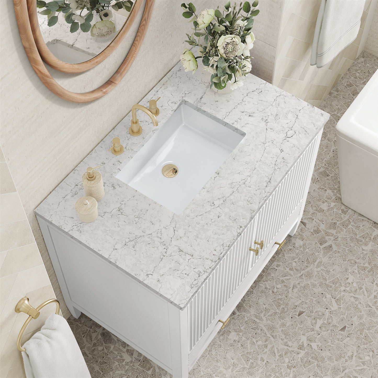 James Martin Vanities Myrrin 36" Bright White Vanity With 3 cm Eternal Jasmine Pearl Quartz Top