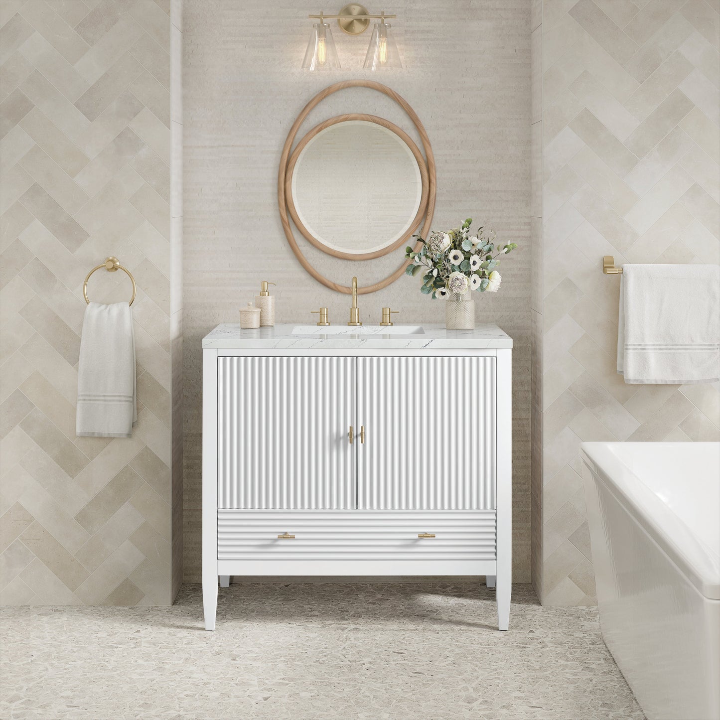 James Martin Vanities Myrrin 36" Bright White Vanity With 3 cm Ethereal Noctis Quartz Top