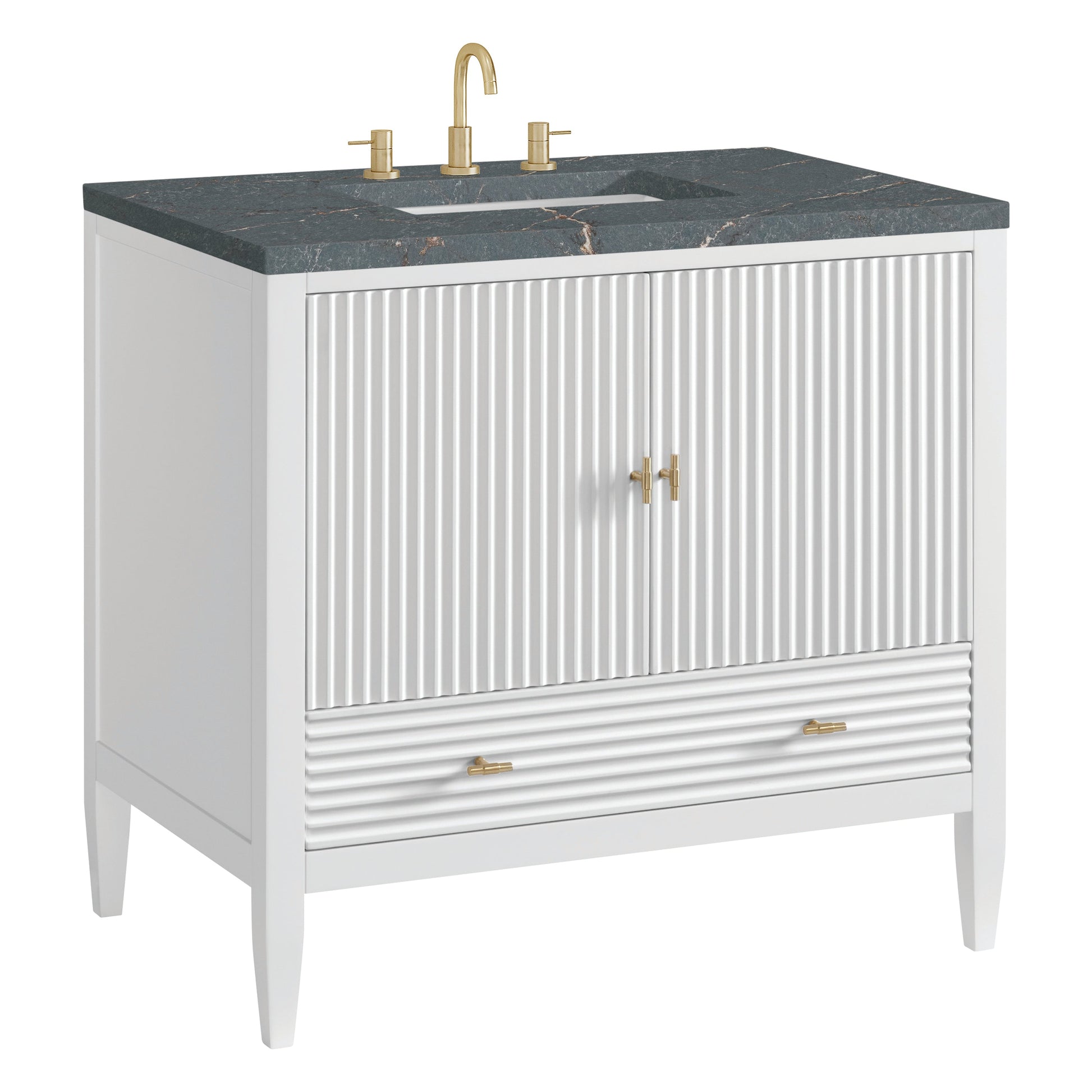 James Martin Vanities Myrrin 36" Bright White Vanity With 3 cm Parisien Bleu Quartz Top