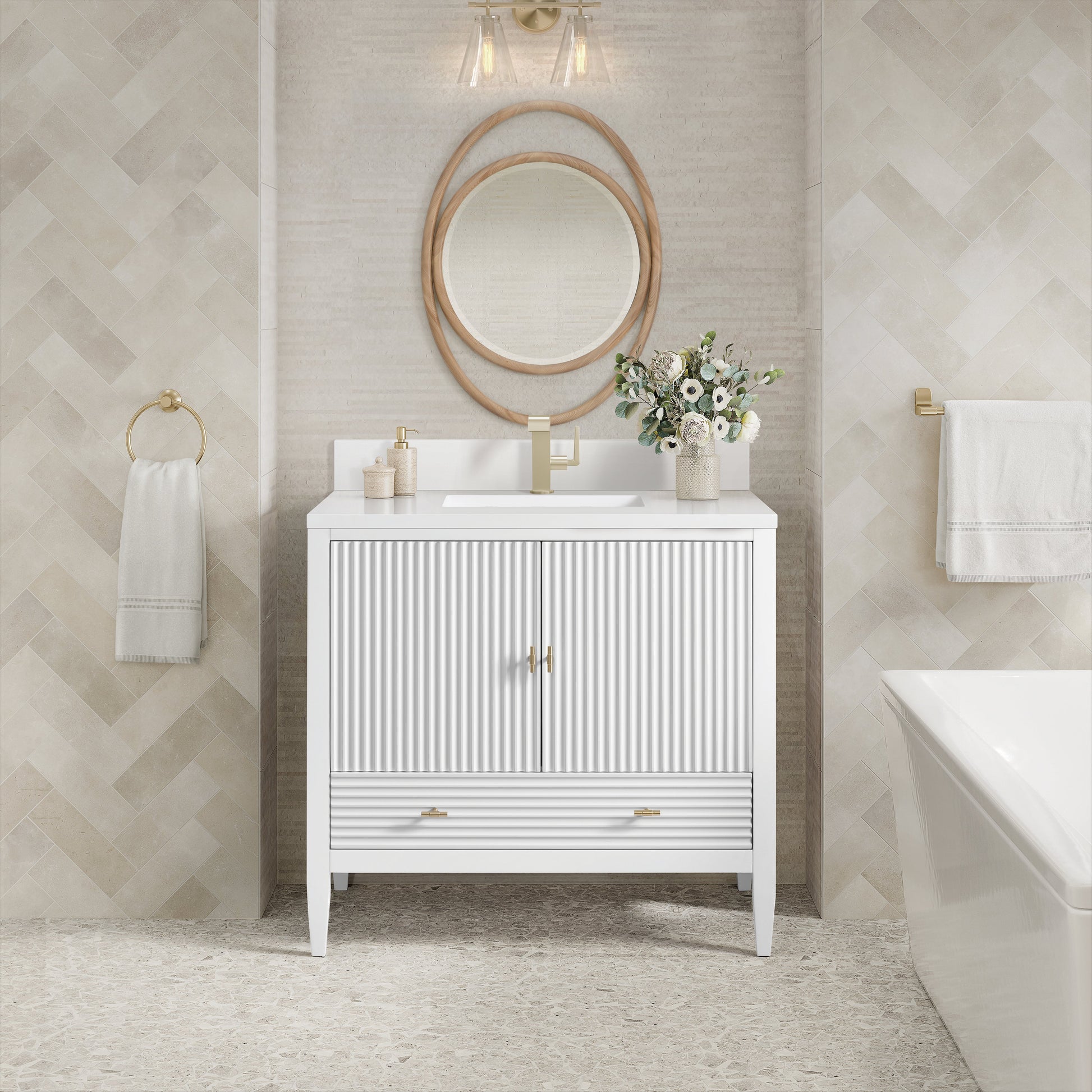 James Martin Vanities Myrrin 36" Bright White Vanity With Single Hole 3 cm White Zeus Quartz Top & Backsplash