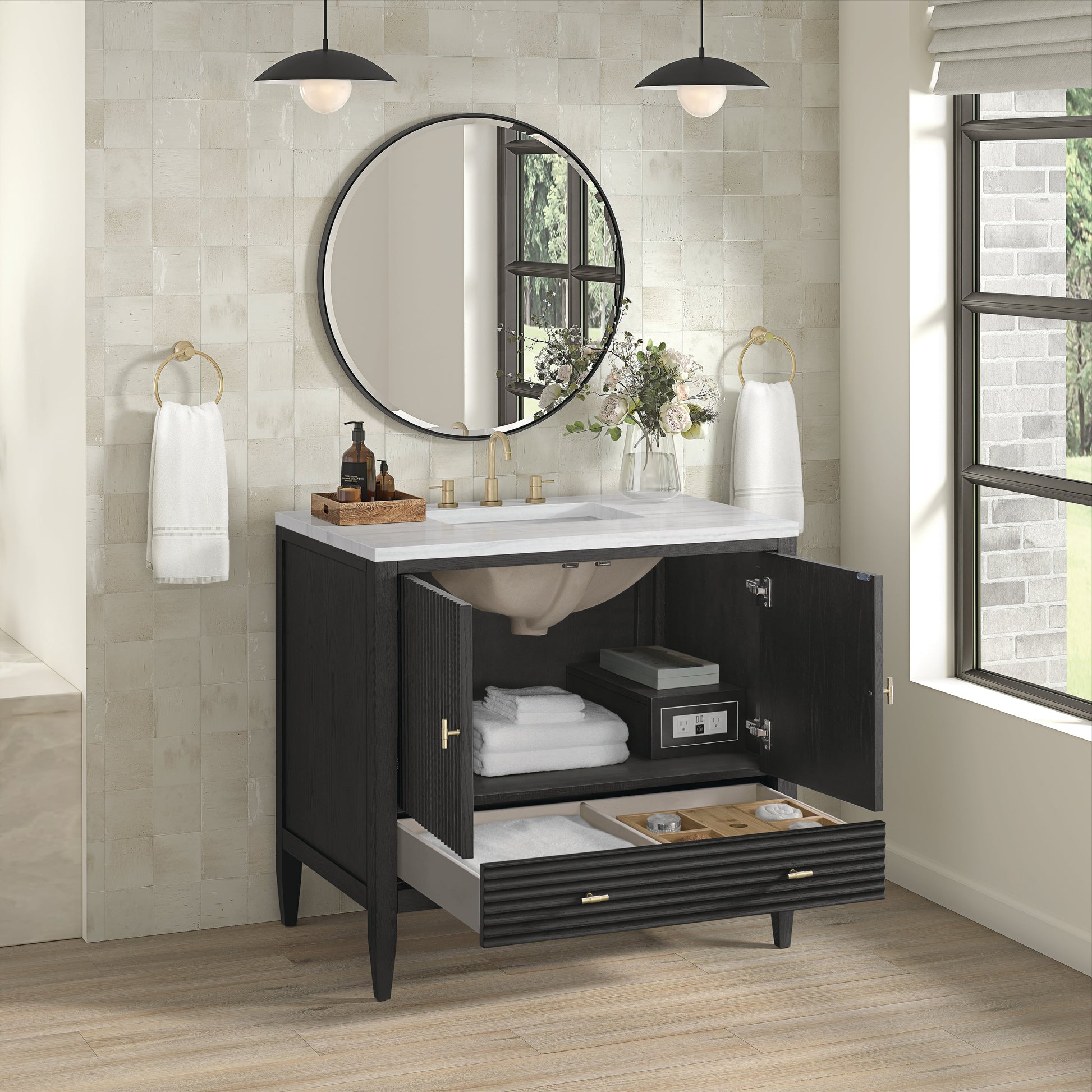 James Martin Vanities Myrrin 36" Carbon Oak Vanity With 3 cm Arctic Fall Solid Surface Top