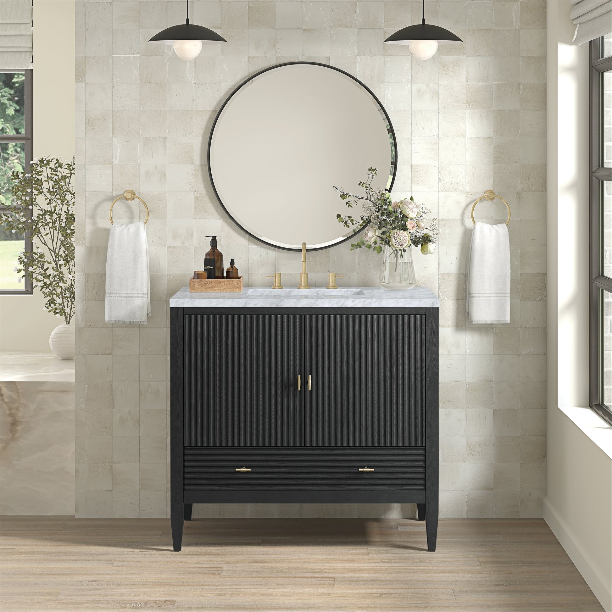 James Martin Vanities Myrrin 36" Carbon Oak Vanity With 3 cm Carrara White Marble Top