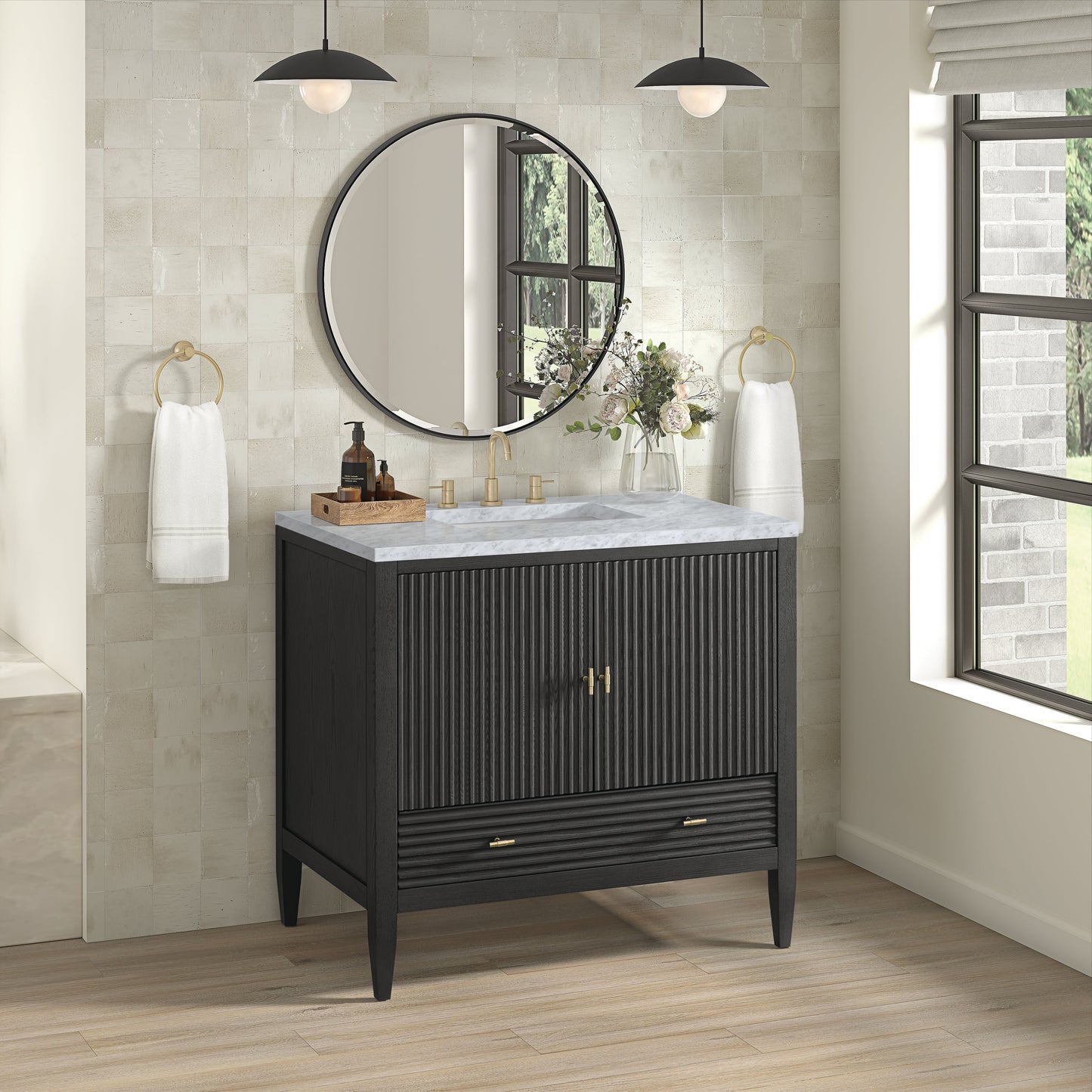 James Martin Vanities Myrrin 36" Carbon Oak Vanity With 3 cm Carrara White Marble Top