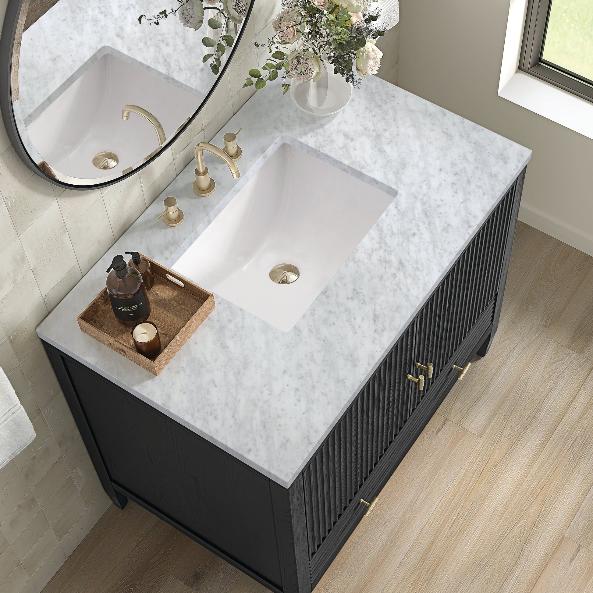 James Martin Vanities Myrrin 36" Carbon Oak Vanity With 3 cm Carrara White Marble Top