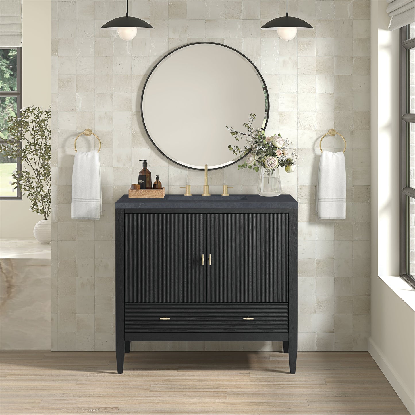 James Martin Vanities Myrrin 36" Carbon Oak Vanity With 3 cm Charcoal Soapstone Quartz Top