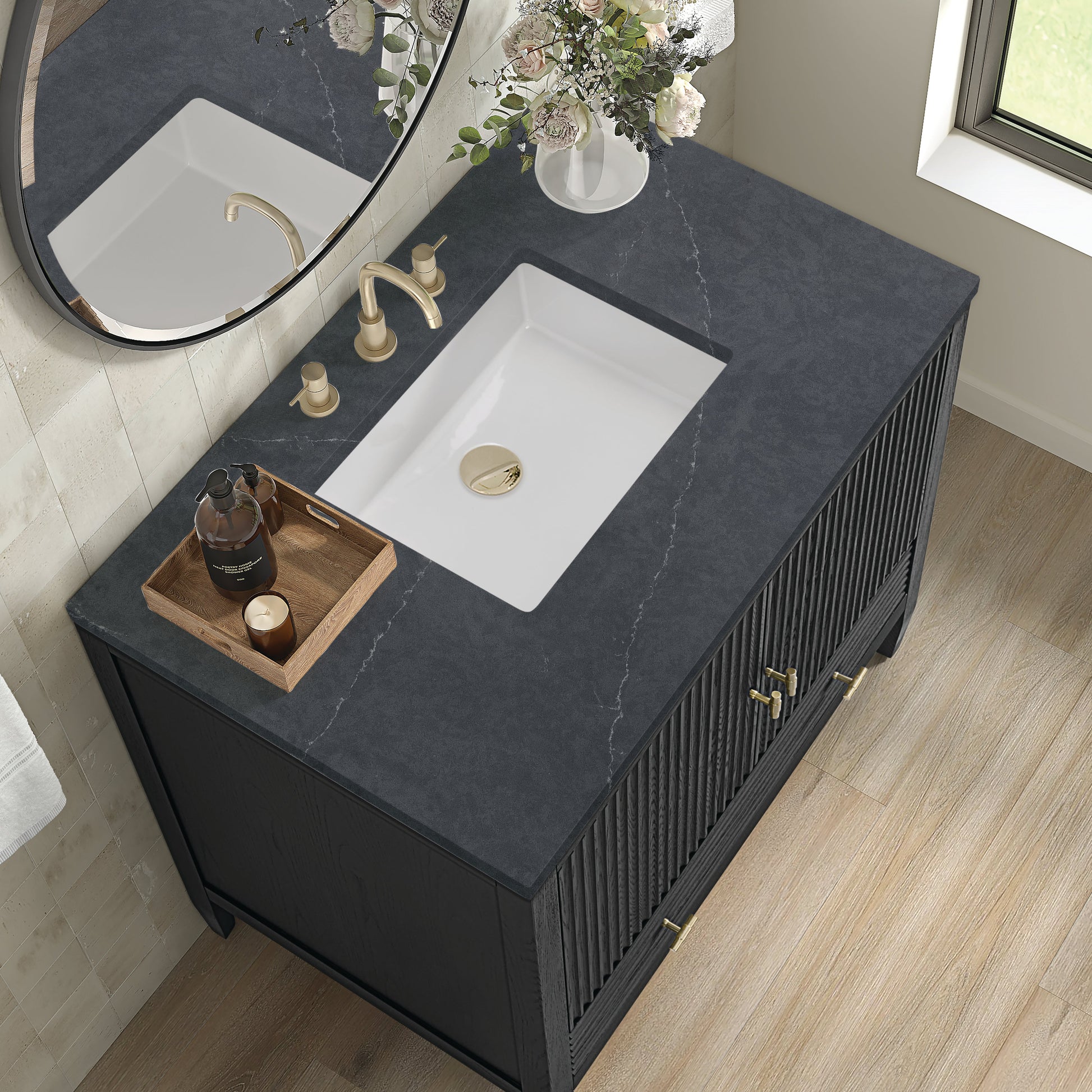 James Martin Vanities Myrrin 36" Carbon Oak Vanity With 3 cm Charcoal Soapstone Quartz Top