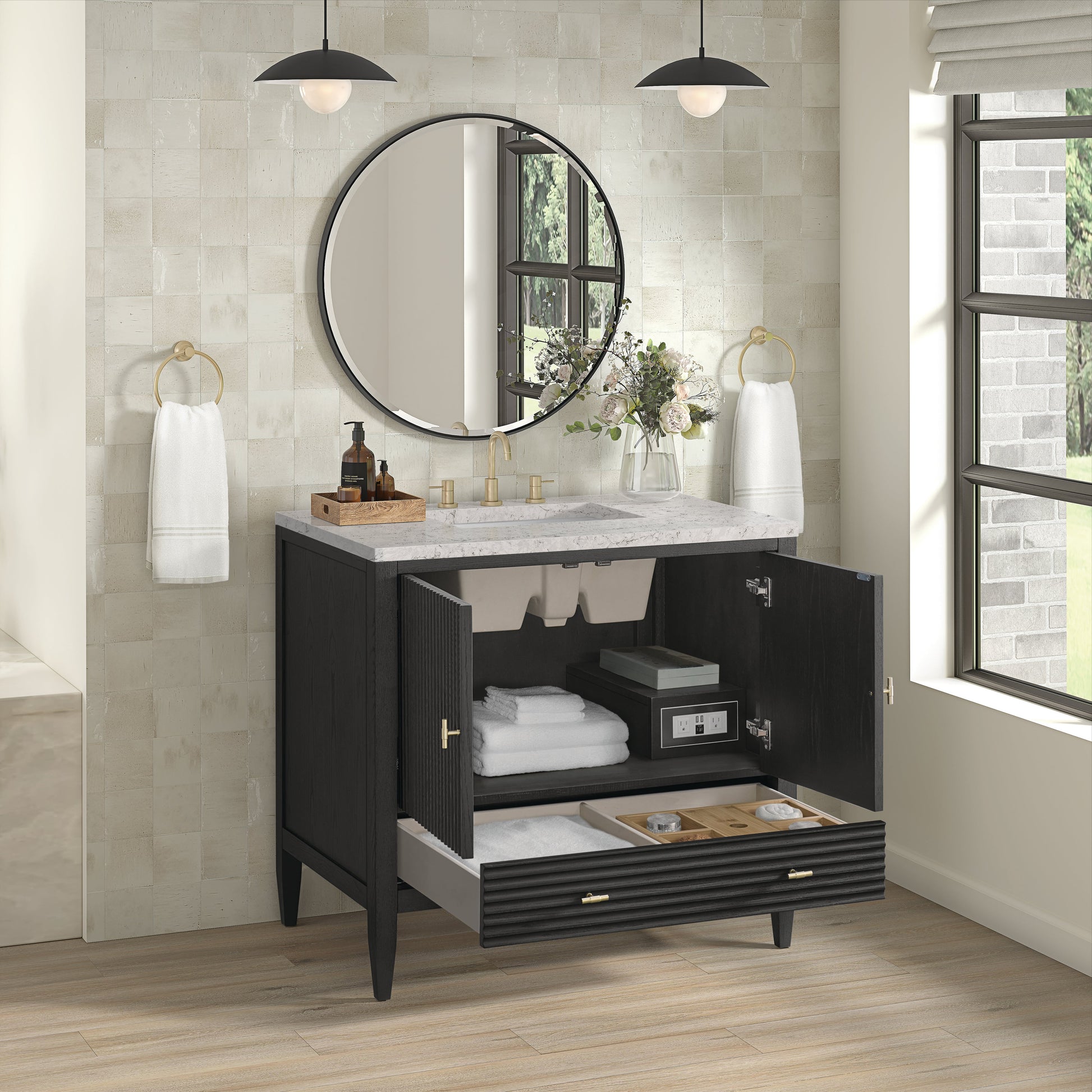 James Martin Vanities Myrrin 36" Carbon Oak Vanity With 3 cm Eternal Jasmine Pearl Quartz Top