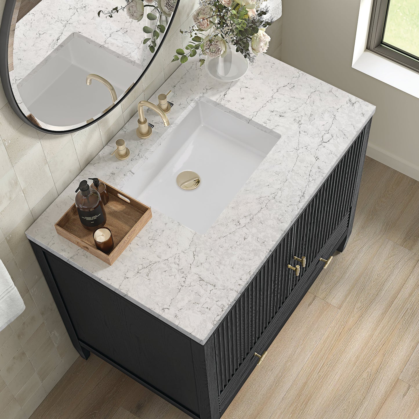 James Martin Vanities Myrrin 36" Carbon Oak Vanity With 3 cm Eternal Jasmine Pearl Quartz Top