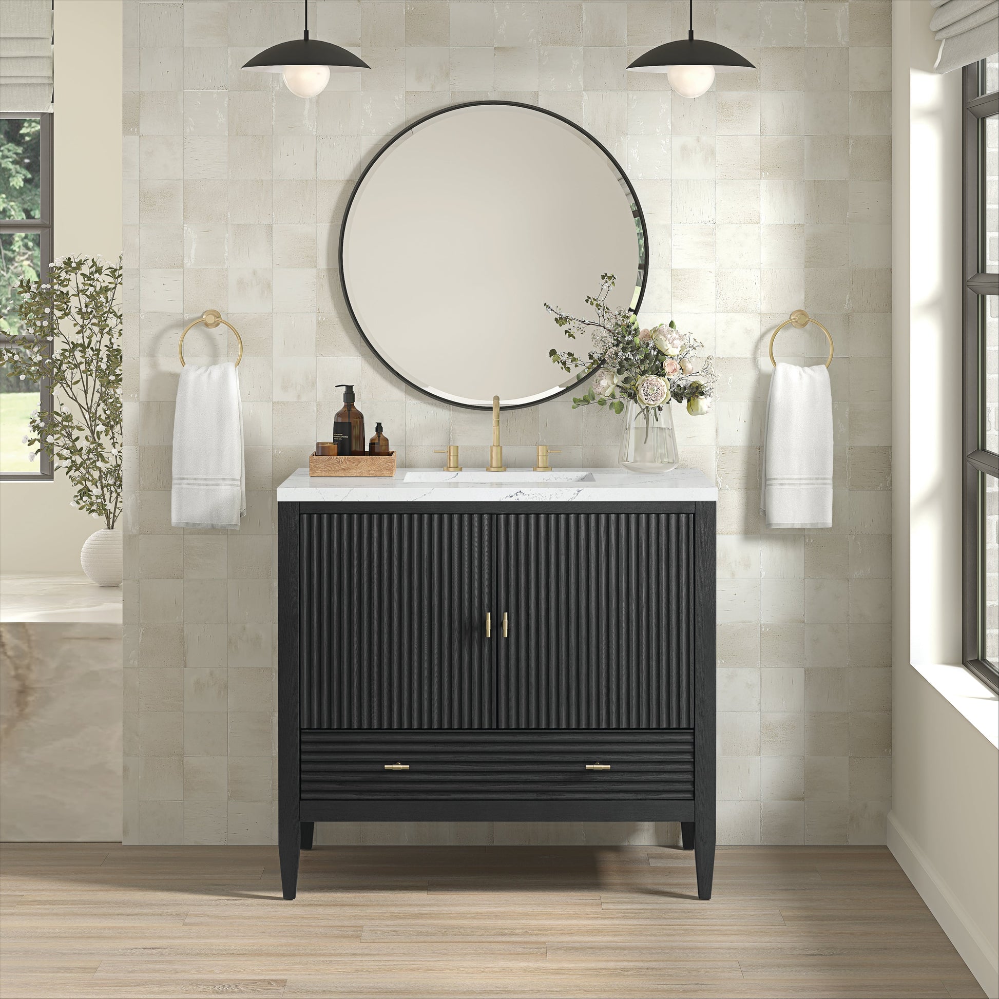 James Martin Vanities Myrrin 36" Carbon Oak Vanity With 3 cm Ethereal Noctis Quartz Top