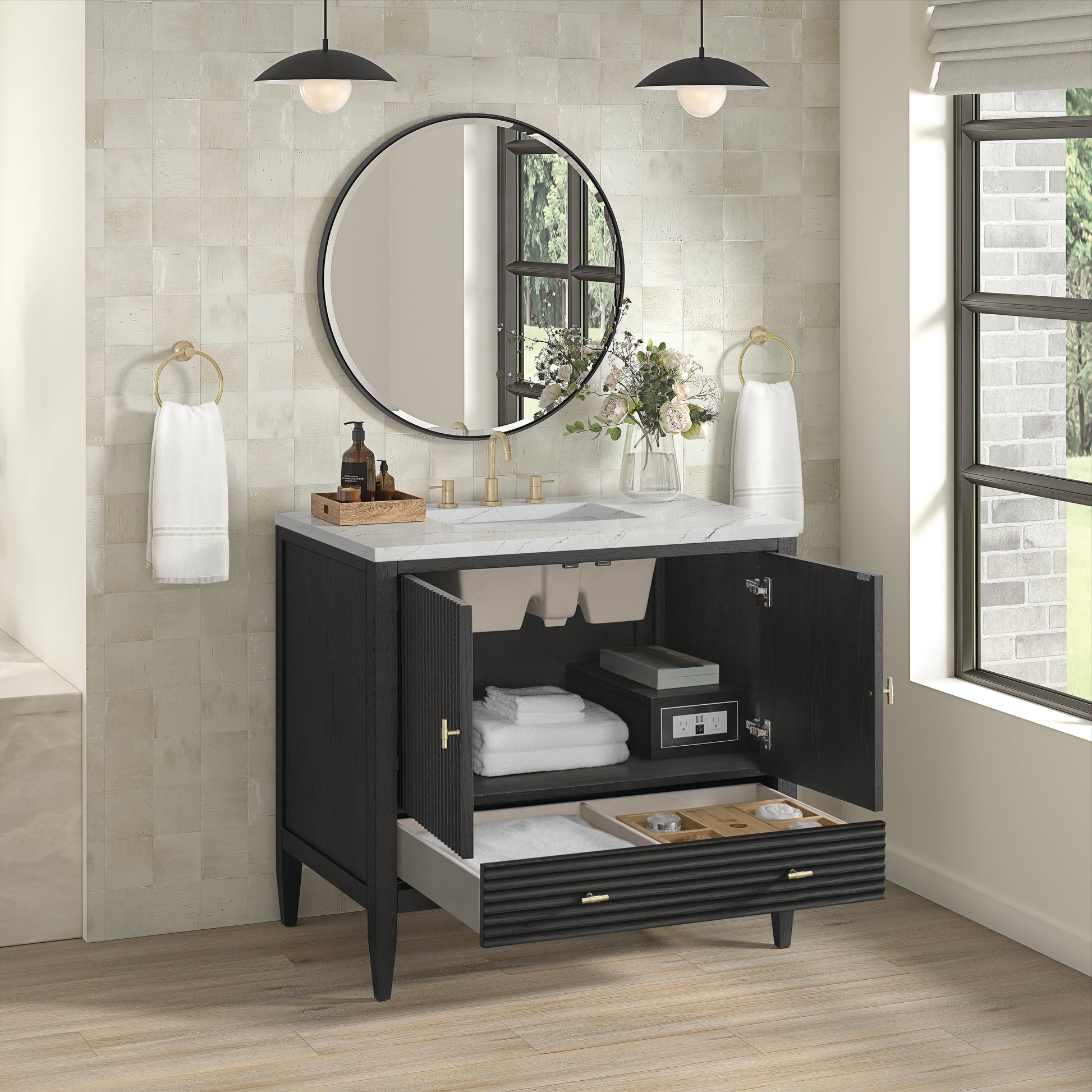 James Martin Vanities Myrrin 36" Carbon Oak Vanity With 3 cm Ethereal Noctis Quartz Top