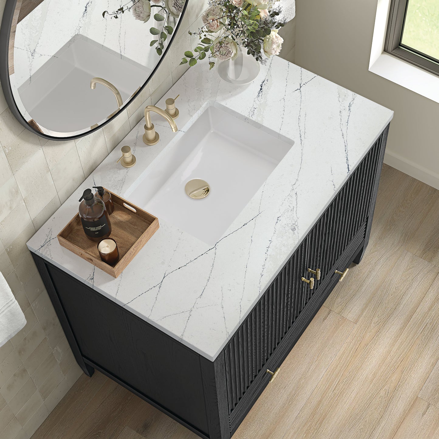 James Martin Vanities Myrrin 36" Carbon Oak Vanity With 3 cm Ethereal Noctis Quartz Top