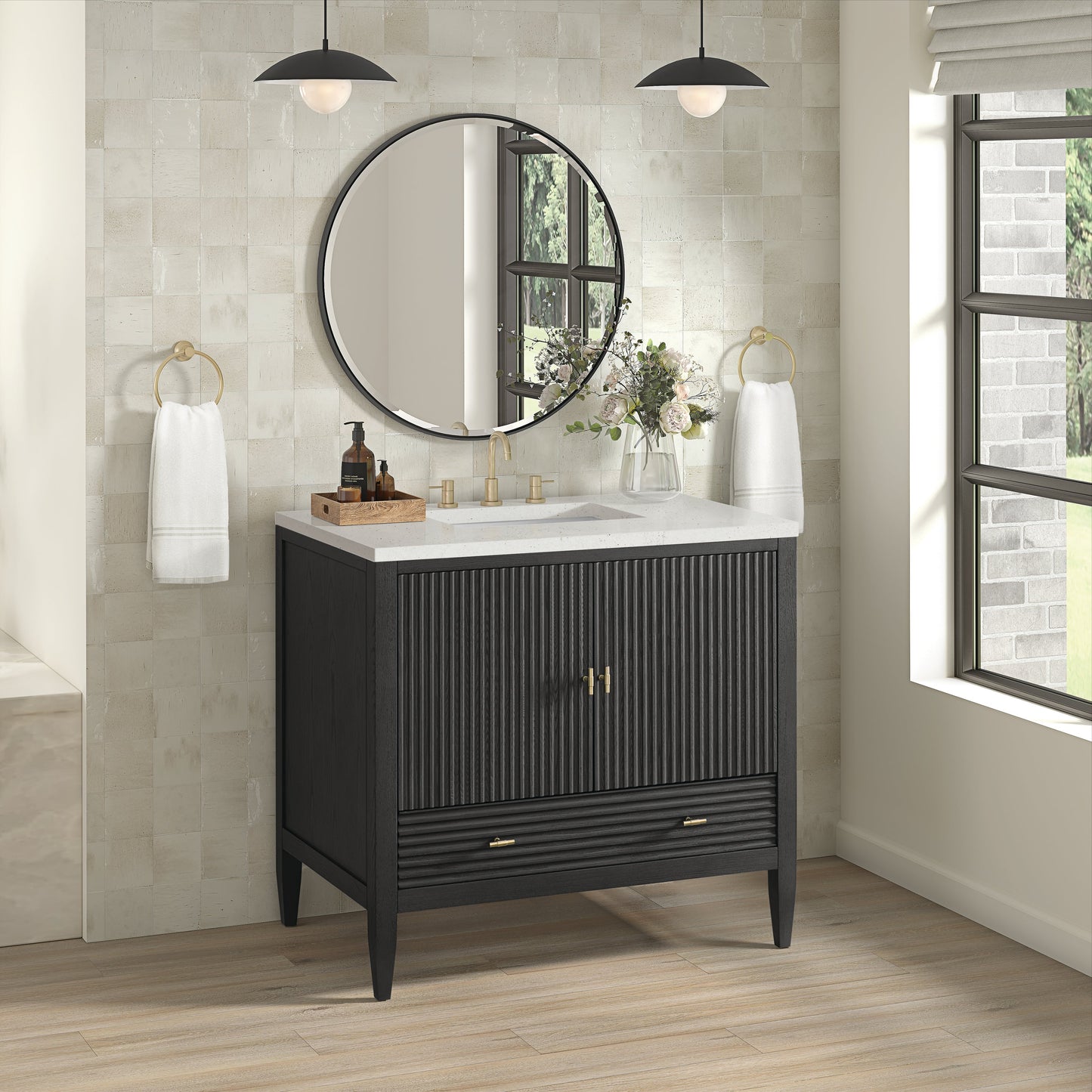 James Martin Vanities Myrrin 36" Carbon Oak Vanity With 3 cm Lime Delight Quartz Top