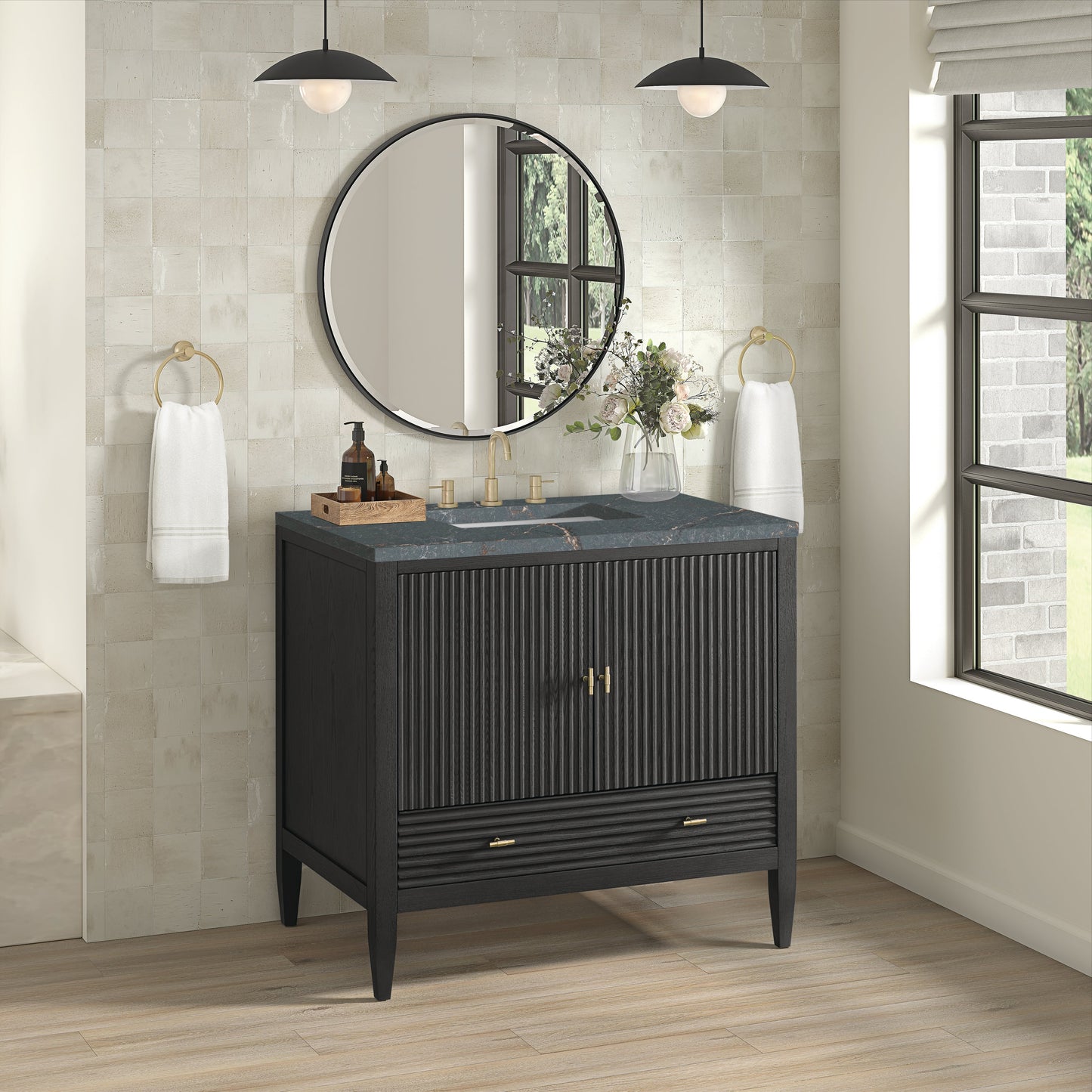 James Martin Vanities Myrrin 36" Carbon Oak Vanity With 3 cm Parisien Bleu Quartz Top