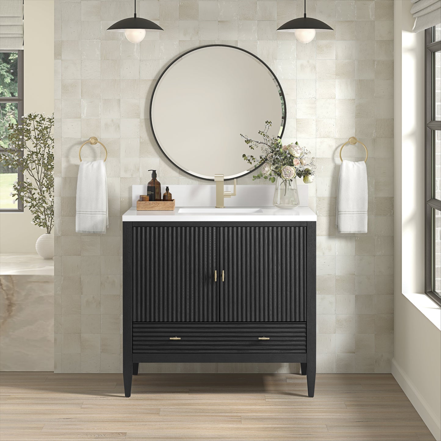 James Martin Vanities Myrrin 36" Carbon Oak Vanity With Single Hole 3 cm White Zeus Quartz Top & Backsplash