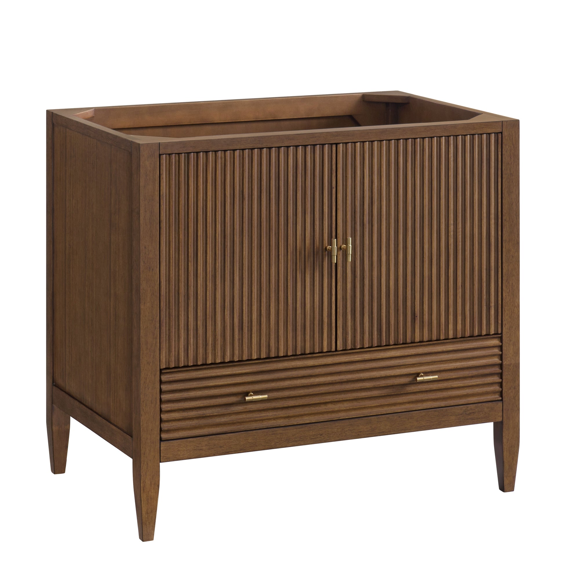 James Martin Vanities Myrrin 36" Mid Century Walnut Vanity With 3 cm Arctic Fall Solid Surface Top