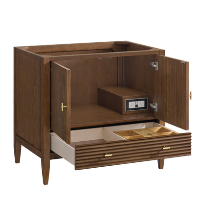 James Martin Vanities Myrrin 36" Mid Century Walnut Vanity With 3 cm Arctic Fall Solid Surface Top