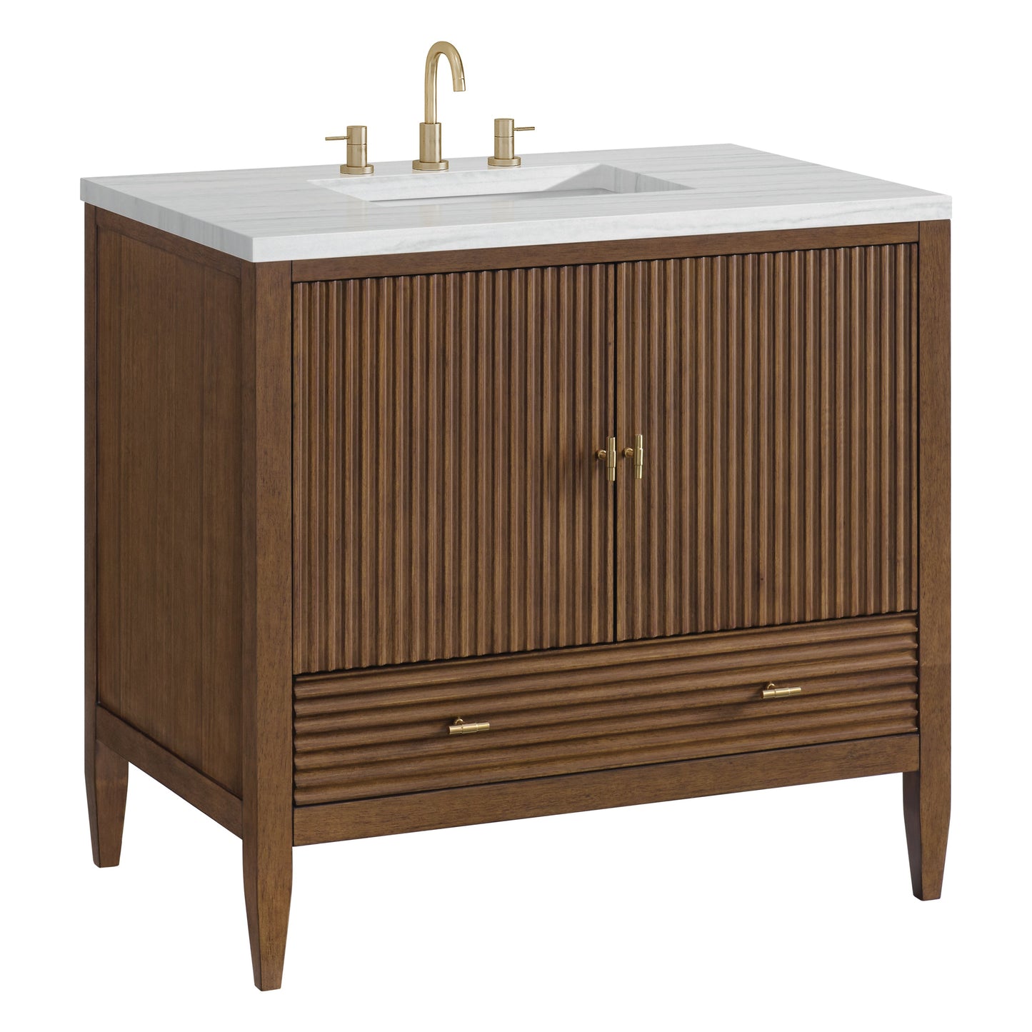 James Martin Vanities Myrrin 36" Mid Century Walnut Vanity With 3 cm Arctic Fall Solid Surface Top