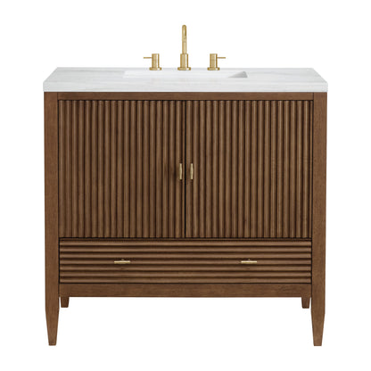 James Martin Vanities Myrrin 36" Mid Century Walnut Vanity With 3 cm Arctic Fall Solid Surface Top