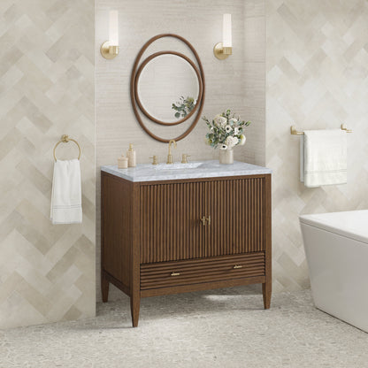 James Martin Vanities Myrrin 36" Mid Century Walnut Vanity With 3 cm Carrara White Marble Top